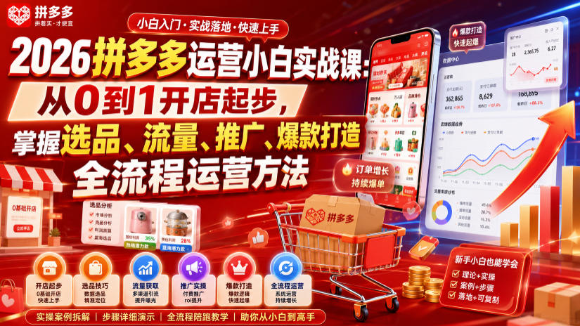 2026拼多多运营小白实战课：从0到1开店起步，掌握选品、流量、推广、爆款打造全流程运营方法-智云网