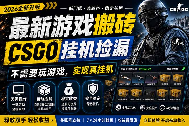 最新游戏搬砖,CSGO纯挂机,不需要玩游戏,实现真挂机,月入1W+,五一小高峰上车可吃肉,…-智云网