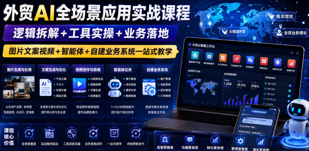 外贸AI全场景应用实战课程｜逻辑拆解+工具实操+业务落地，图片文案视频+智能体+自建业务系统一站式教学-智云网