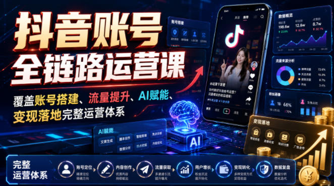 抖音账号全链路运营课,覆盖账号搭建、流量提升、AI赋能、变现落地完整运营体系-智云网