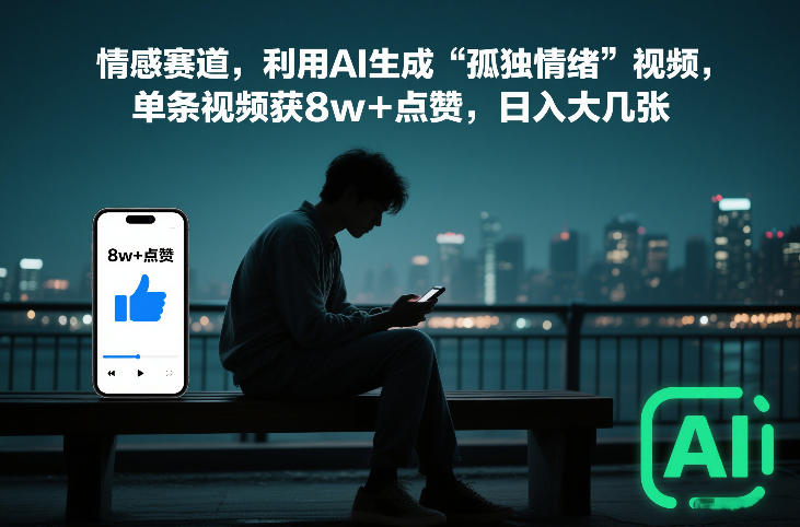情感赛道,利用AI生成“孤独情绪”视频,单条视频获8w+点赞,日入大几张
