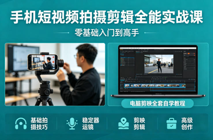 手机短视频拍摄剪辑全能实战课:零基础入门到高手,稳定器运镜+电脑剪映全套自学教程-智云网