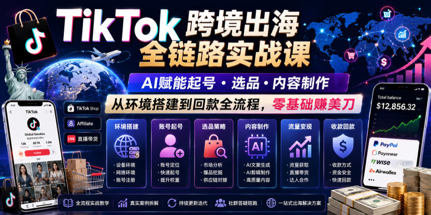 TikTok跨境出海全链路实战课，AI赋能起号・选品・内容制作，从环境搭建到回款全流程，零基础賺美刀-智云网