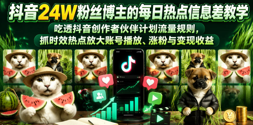 抖音24W粉丝博主的每日热点信息差教学，吃透创作者伙伴计划流量规则，抓时效热点放大账号播放、涨粉与变现收益(更新)-智云网