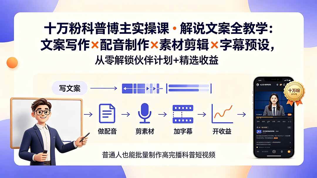 （19275期）10万粉科普博主实操课-解说文案全教学：文案写作×配音制作×素材剪辑×字幕预设，从零解锁伙伴计划+精选收益-智云网