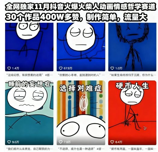 全网独家11月抖音火爆火柴人动画情感哲学赛道,30个作品400W多赞,制作简单,流量大【教学+素材】-智云网