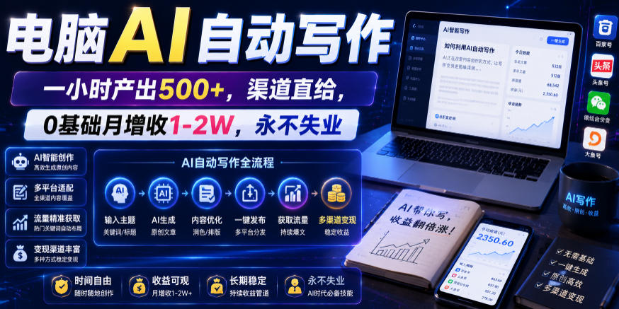 电脑AI自动写作，一小时产出500+，渠道直给，0基础月增收1-2W，永不失业【揭秘】-智云网
