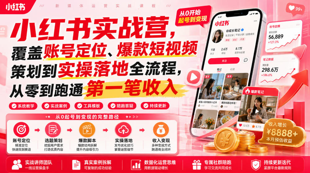 小红书实战营,覆盖账号定位、爆款短视频策划到实操落地全流程,从零到跑通第一笔收入-智云网